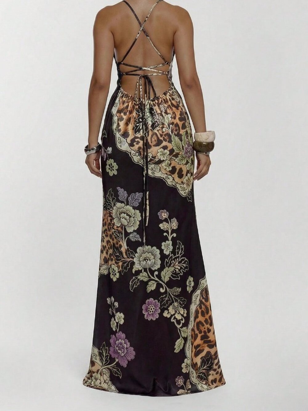 multicolor Lace-Up Women's Fitted Animal Print Maxi Dress - Picture 2 of 5
